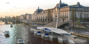 Image en 3D d’une station de  SeaBubbles sur la Seine, au niveau du musée d’Orsay.