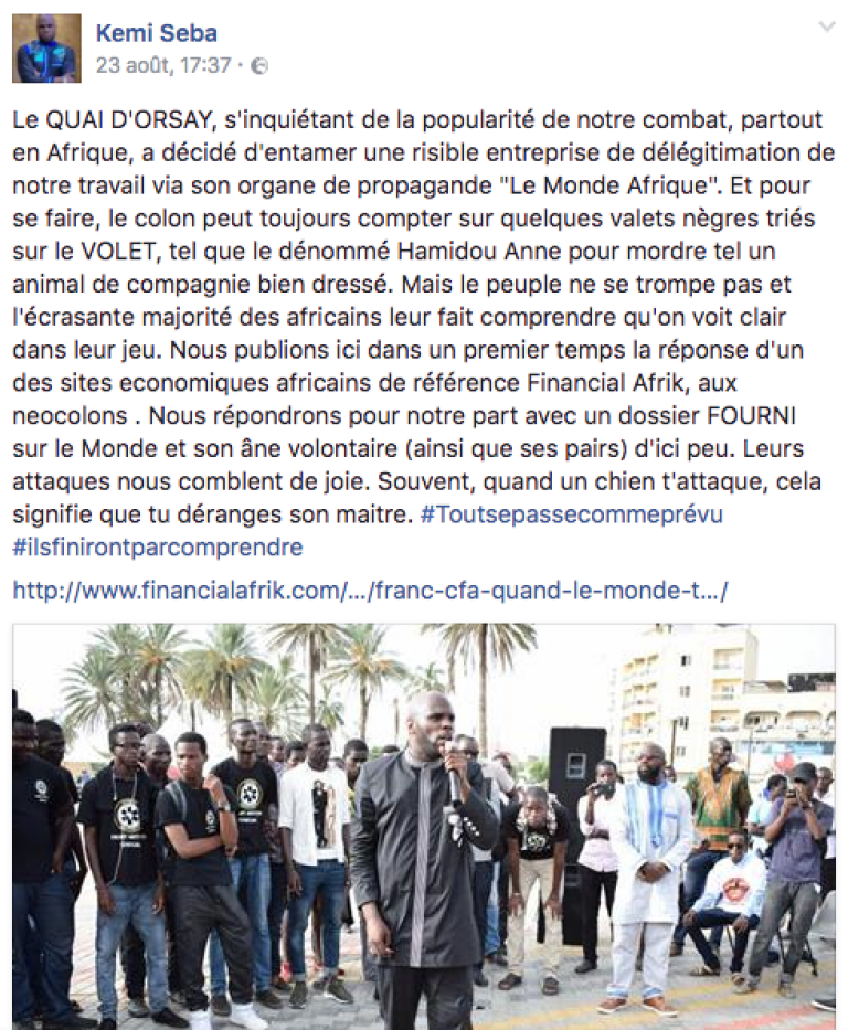 Deux jours avant son arrestation à Dakar, les attaques de Kémi Séba sur sa page Facebook contre Le Monde Afrique et notre chroniqueur sénégalais Hamidou Anne.