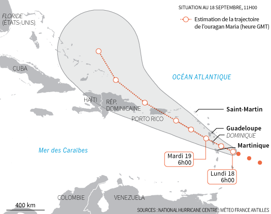 Trajectoire estimée de l’ouragan Maria selon les prévisions de Météo France et du Centre national des ouragans américain.