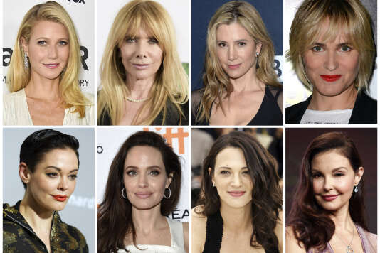 De gauche à droite : Gwyneth Paltrow, Rosanna Arquette, Mira Sorvino, Rose McGowan, Angelina Jolie Pitt, Asia Argento et Ashley Judd, des actrices parmi les nombreuses femmes qui ont témoigné contre Harvey Weinstein.