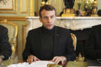 French president Emmanuel Macron speaks during a Trianon Council meeting aiming to strengthen the links between France and Russia, Friday Feb. 9, 2018, at the Elysee palace in Paris. The Kremlin said Friday the two leaders exchanged views on bilateral ties, including preparations for Macron's trip to Russia, set for May, during which he is set to attend an economic forum in St. Petersburg. (Ludovic Marin, Pool via AP)