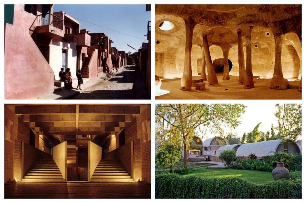 De haut en bas et de gauche à droite : le projet d’habitations à loyer modéré d’Aranya, à Indore (1989) ; la galerie souterraine d’Amdavad ni Gufa, à Ahmedabad (1995) ; le Centre de planification et de technologie environnementales, à Ahmedabad (1962-2012) ; le studio d’architecture Sangath, à Ahmedabad (1981).