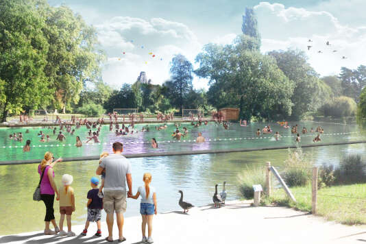 Vue d’artiste du projet d’aménagement du lac de Daumesnil pour la baignade, dans le bois de Vincennes, à Paris
