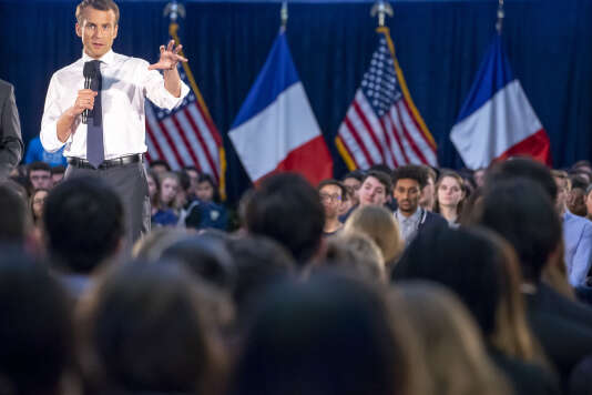 Emmanuel Macron, devant les étudiants de l'université de George Washington, à Washington D.C., le 25 avril.