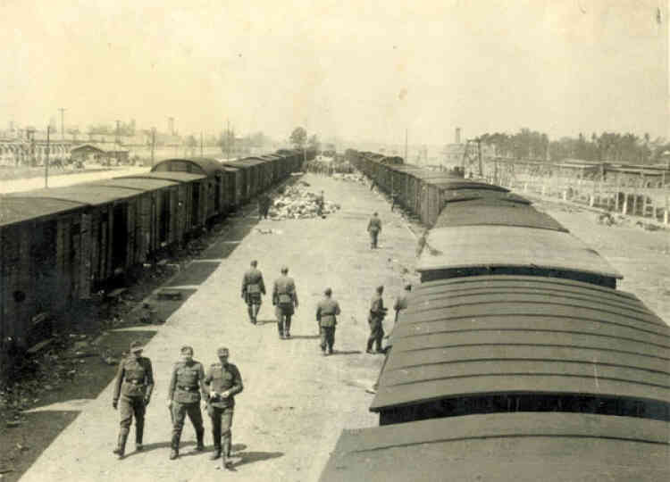Arrivée du convoi sur la voie 3, à droite, portes fermées, sous la supervision de SS habitués à ce travail, devenu "normal" pour eux.