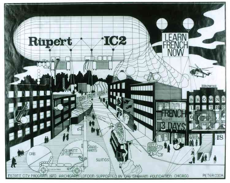 Peter Cook (Archigram), "Instant City (Rupert IC 2), Airship Sequence of Effect of an English Town", 1969, encre sur calque, 45,5 × 57 cm.