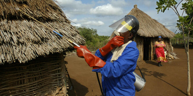 Un homme pulvérise du DDT dans un village de la région de Jozini en Afrique du Sud en avril 2003.