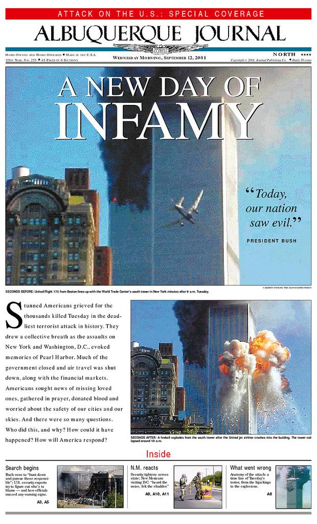 Le 11 Septembre 2001 En Anglais "C'est la guerre", "Salauds", "Combien de morts ?" : les "unes" du 12