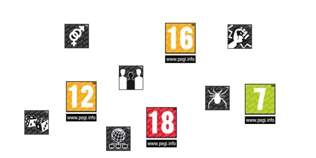 Les différentes icônes du classement de jeux vidéo PEGI.