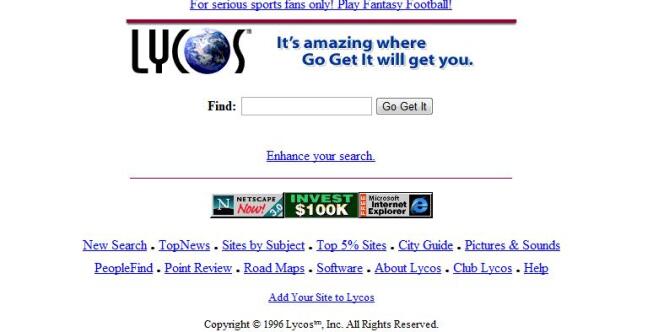 La page d'accueil de Lycos en 1996.