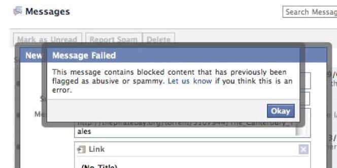 Si l'utilisateur de Facebook met un lien menant au site The Pirate Bay dans un mail, Facebook bloque l'envoi.