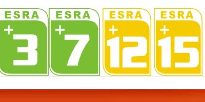 Quatre des six logos de l'ESRA, classant les jeux vidéo par tranche d'âge.