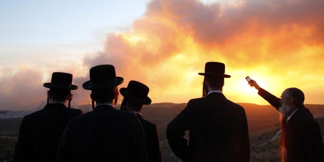 Des hommes regardent brûler le massif du Carmel, près d'Haïfa, jeudi 2 décembre.
