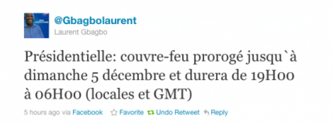 Capture d'écran du tweet envoyé sur le compte officiel du président ivoirien sortant Laurent Gbagbo à l'annonce de sa défaite, le 1er décembre.