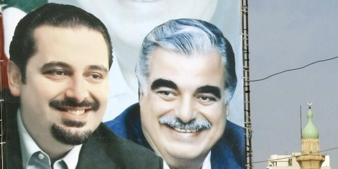 Portraits de Saad Hariri et de Rafic Hariri à Sidon (Liban) en janvier 2010.