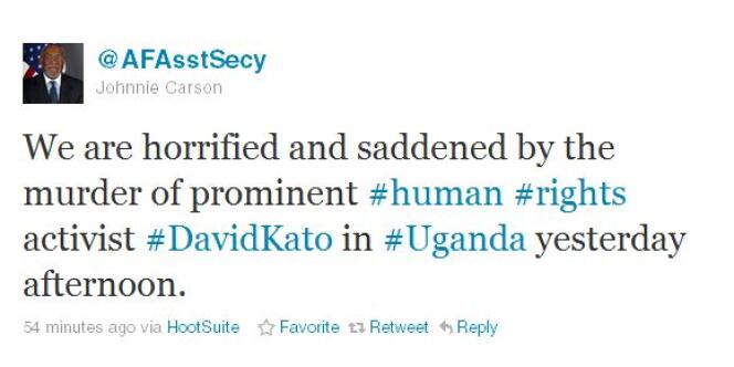 Johnnie Carson, le sous-secrétaire d'Etat chargé de l'Afrique a condamné le meurtre du militant ougandais des droits des homosexuels David Kato. 