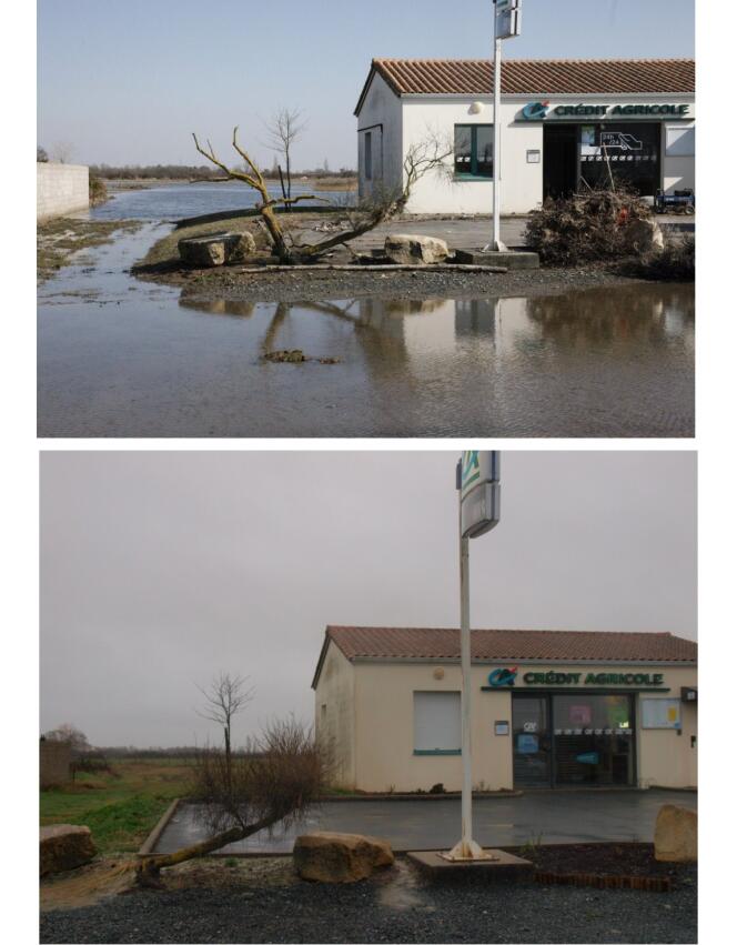 Le Crédit agricole de Charron : photos prises début mars 2010 (en haut) et le 21 février 2011 (en bas).