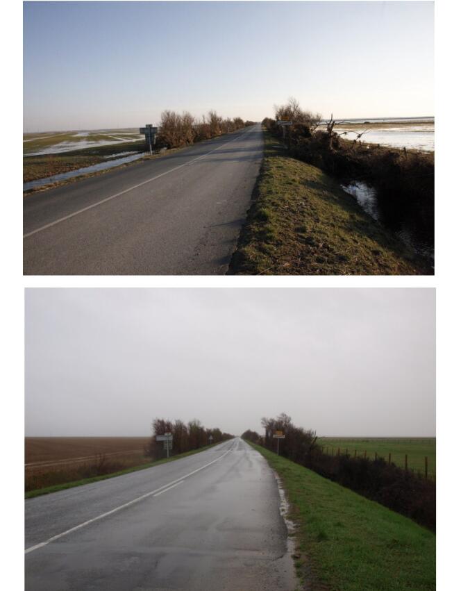 Sortie du village de Charron : photos prises début mars 2010 (en haut) et le 21 février 2011 (en bas).