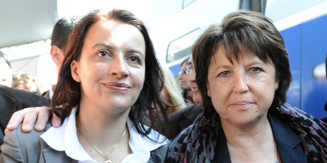 Cécile Duflot, alors secrétaire nationale d'Europe Ecologie-Les Verts, et Martine Aubry, à l'époque première secrétaire du Parti socialiste, le 23 mars, au Mans.