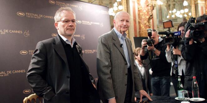 Thierry Frémaux, délégué général du Festival de Cannes, et Gilles Jacob, président, lors de la conférence de presse du 14 avril à Paris.
