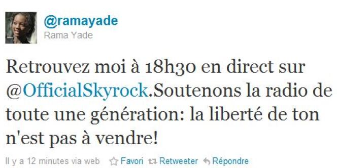 Tweet de soutien à Skyrock sur le compte de Rama Yade, le 14 avril 2011.
