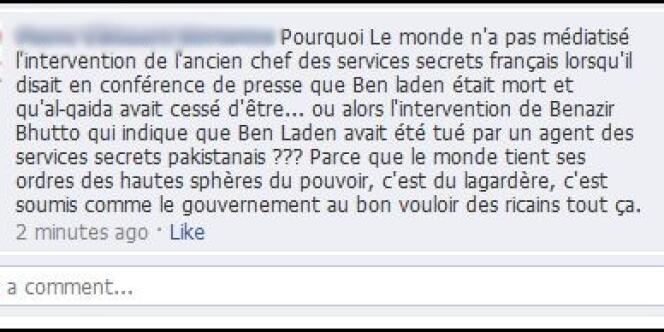 Capture d'écran d'un commentaire à un article sur la mort d'Oussama Ben Laden sur la page Facebook du Monde.fr.