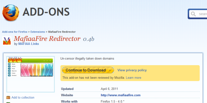 La page du module MafiaaFire sur le catalogue de modules de Firefox.