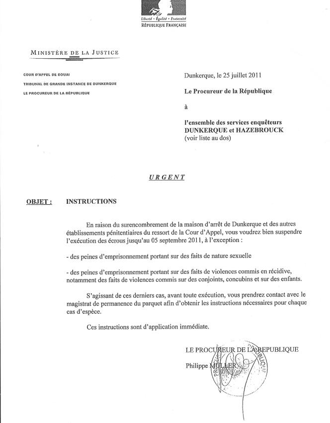 La note adressée par le procureur de la République de Dunkerque aux services enquêteurs.