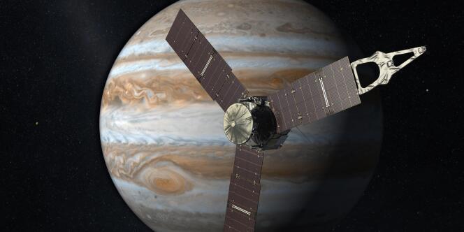 Image de synthèse montrant la sonde Juno en orbite autour de Jupiter.