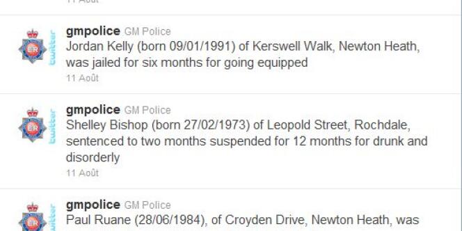 Exemples de condamnations publiées par la police de Manchester sur son compte Twitter.