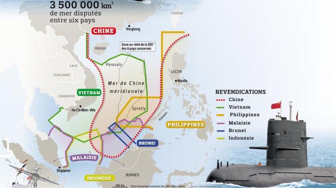 Carte représentant les revendications des pays riverains de la mer de Chine méridionale.