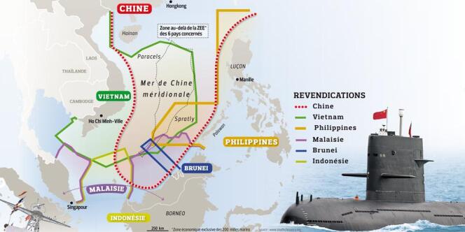 Carte représentant les revendications des pays riverains de la mer de Chine méridionale.