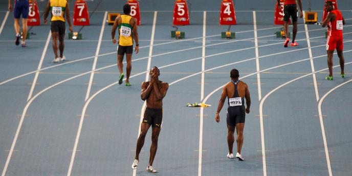 Usain Bolt lors des Mondiaux de Daegu en 2011, disqualifié de la finale du 100 m après un faux départ.