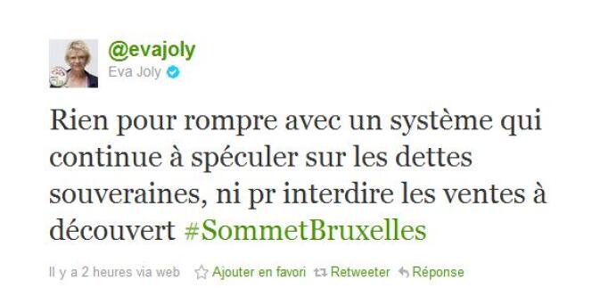 Tweet d'Eva Joly après le sommet européen, le 27 octobre 2011.