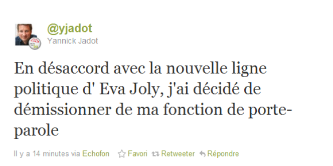 Capture d'écran du tweet par lequel Yannick Jadot a annoncé sa démission, mercredi 23 novembre.