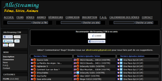 La page d'accueil du site Allostreaming, directement visé par les demandes de blocage des ayants droit français.