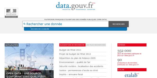 Le portail data.gouv.fr à son lancement le 5 décembre 2011.