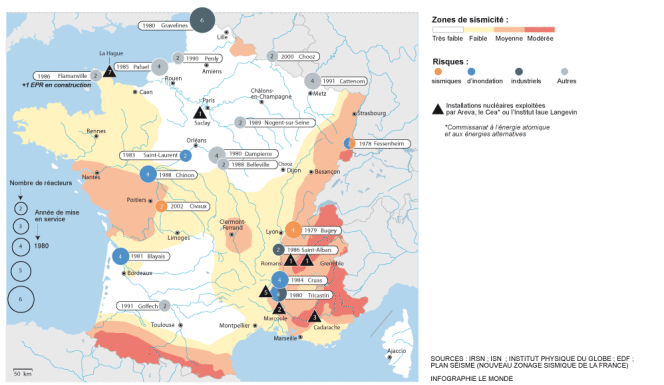 Les zones à risques pour les centrales nucléaires françaises.