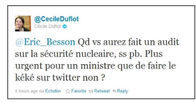 Capture d'écran d'un tweet de Cécile Duflot à Eric Besson.