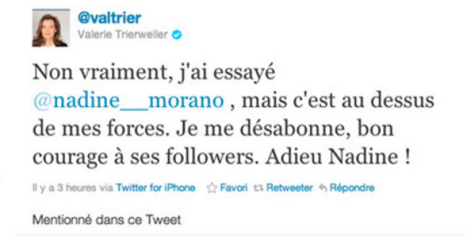 Capture d'écran d'un tweet de Valérie Trierweiler, journaliste et compagne de François Hollande, à Nadine Morano.