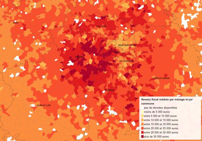 Le revenu fiscal des ménages médian par commune en région parisienne en 2009