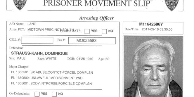 Document établi à l'arrivée de Dominique Strauss-Kahn à la prison de Rikers Island, le 18 mai 2011.