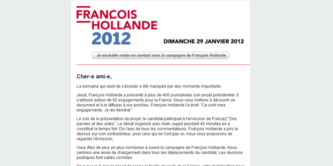 Détail d'une newsletter envoyée aux sympathisants de François Hollande fin janvier