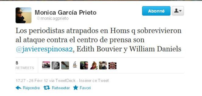 Capture écran du compte Twitter de Monica Garcia Prieto.