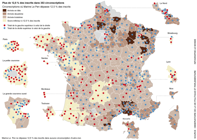 Le parti de Marine Le Pen pourrait être présent au second tour des législatives dans plus de 350 circonscriptions si l'on utilise les résultats de l'élection présidentielle. 