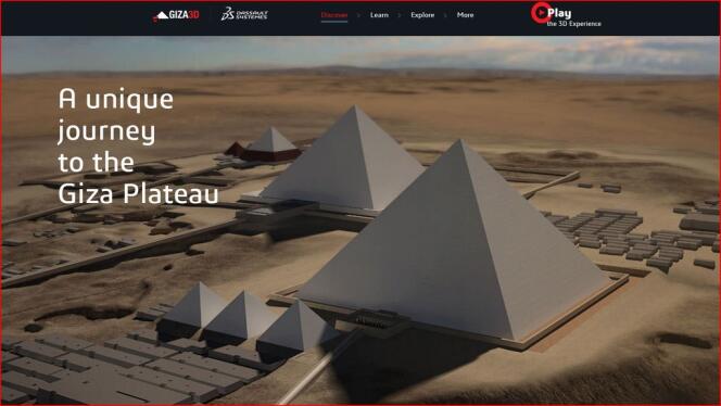Capture d'écran de la nécropole de Gizeh reconstituée en 3D, avec, au premier plan, la pyramide de Kheops.