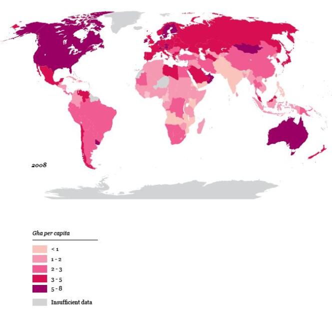 Empreinte écologique par pays en 2008 (en hectares globaux par personne).