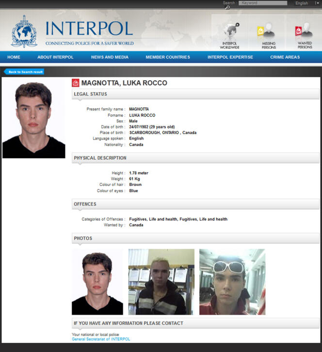La fiche de recherche diffusée le 31 mai par Interpol de Luka Rocco Magnotta.
