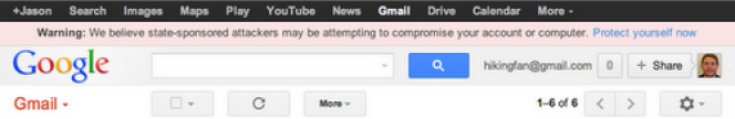 Le message d'avertissement que Google affiche sur les comptes qu'il estime ciblé par des attaques gouvernementales.