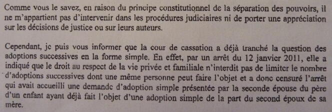 Extrait de la lettre de l'ancien ministre de la justice Michel Mercier au député Didier Quentin concernant l'affaire de double adoption d'Yvonne.